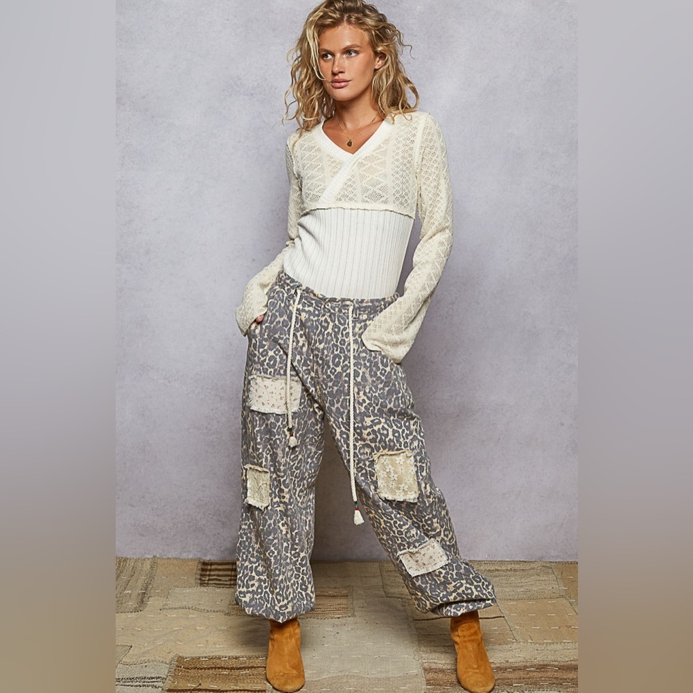 NWT POL Leopard Animal Cheetah Print Patchwork Floral Crochet Patch Jogger Pants - Picture 4 of 12